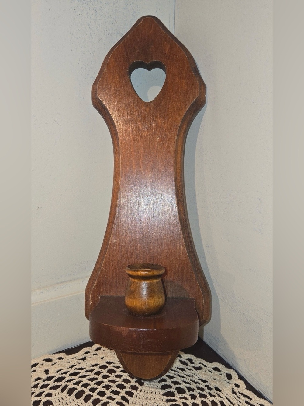 Wooden Heart Cutout Wall Shelf with Candle Holder Sconce - Vintage